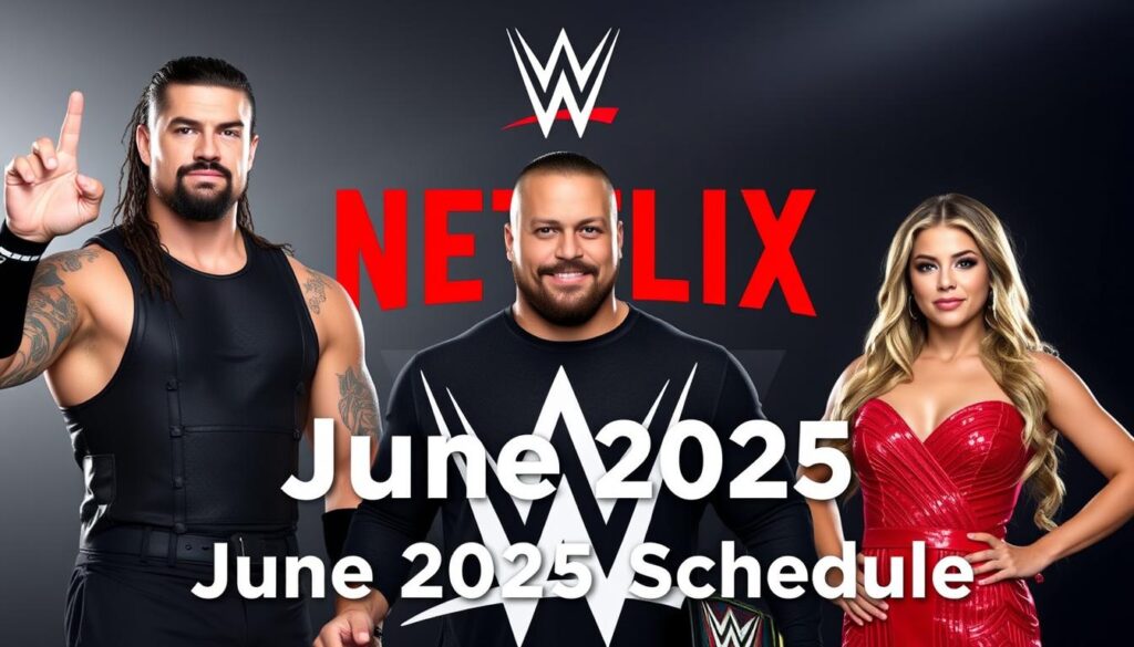 WWE superstars posing with Netflix and WWE logos for June 2025 schedule