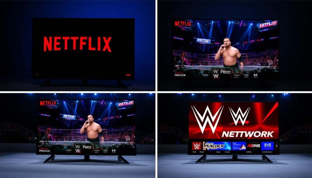 Comparison of WWE content across different streaming platforms showing Netflix interface