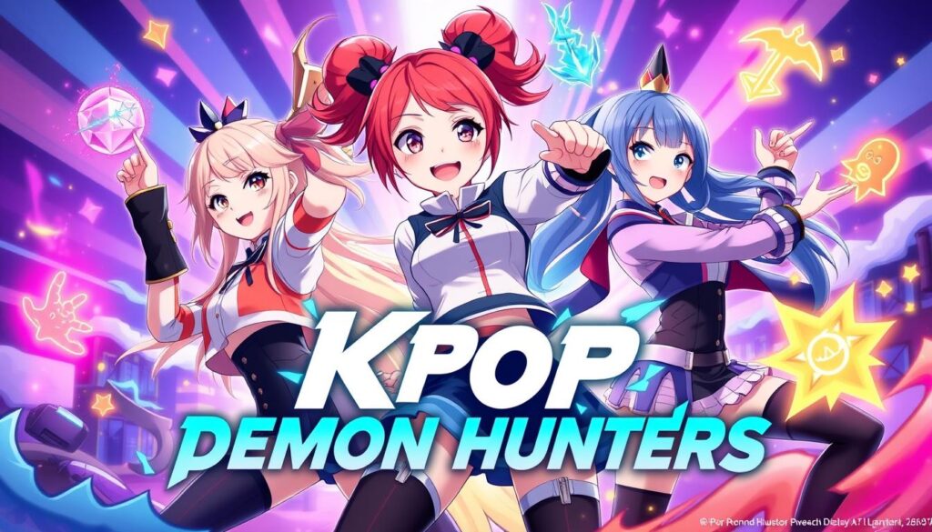KPop Demon Hunters animated characters in action pose