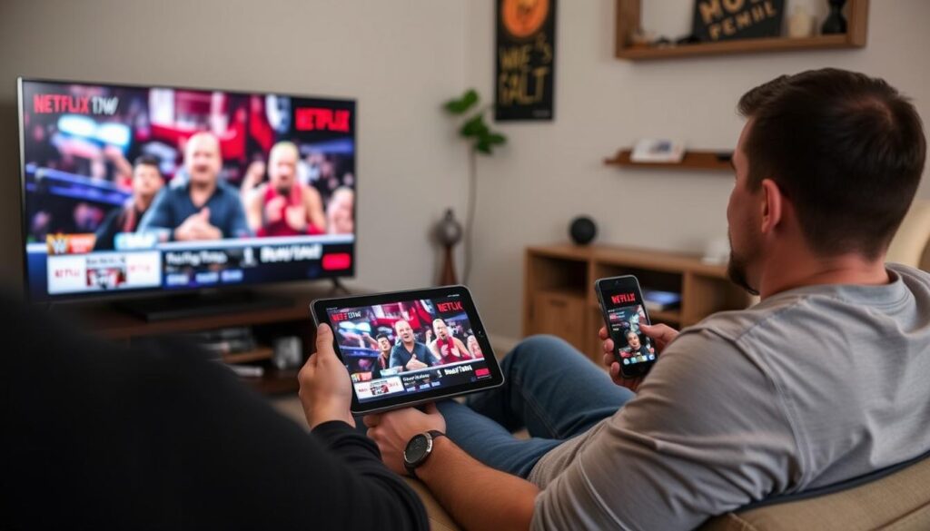 Person watching WWE RAW on Netflix on multiple devices
