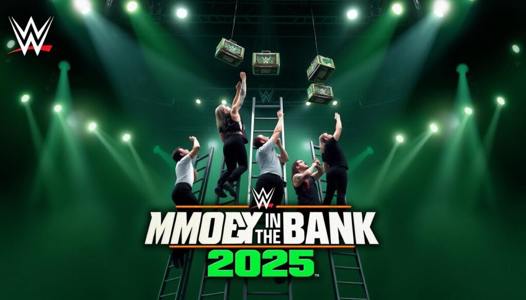 WWE Money in the Bank 2025 promotional poster featuring WWE superstars