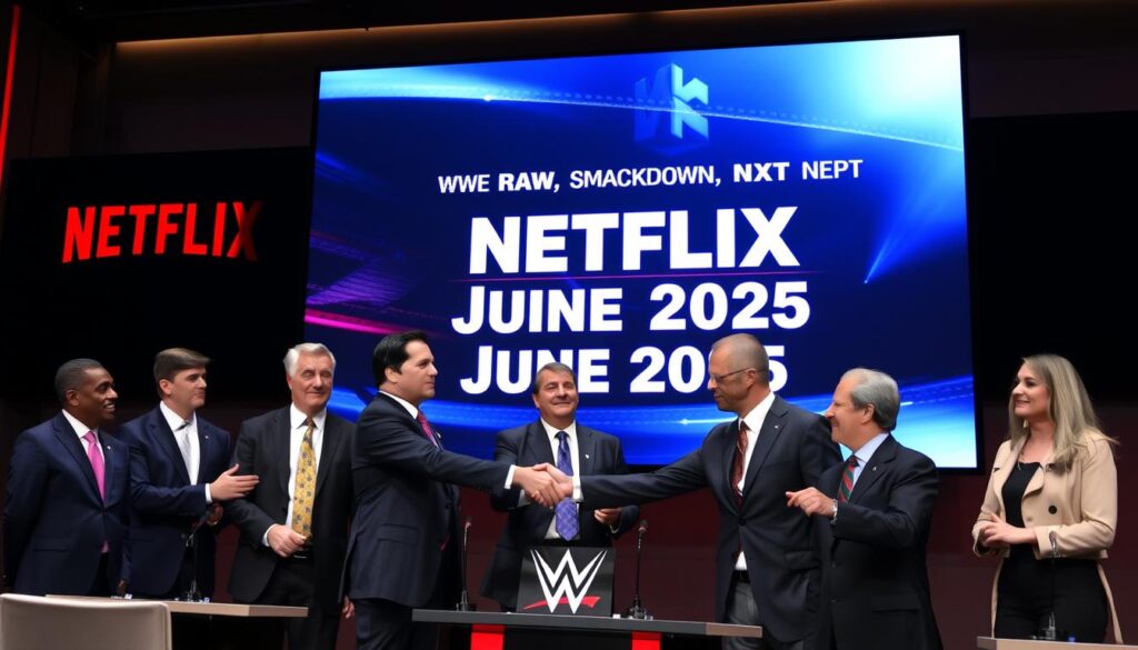 WWE and Netflix executives announcing partnership with WWE RAW, SmackDown, NXT Netflix Live Schedule June 2025 visible on screen