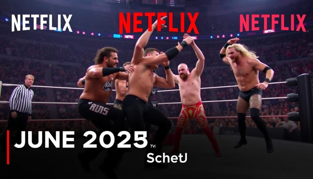 WWE superstars in action with Netflix logo overlay for June 2025 schedule