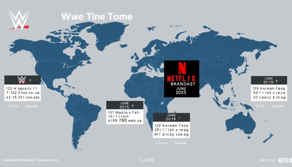 World map showing WWE RAW, SmackDown, NXT Netflix Live Schedule June 2025 across different time zones